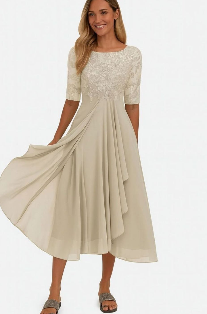 Women's Lace Bodice Chiffon A-Line Midi Occasion Dress, Champagne