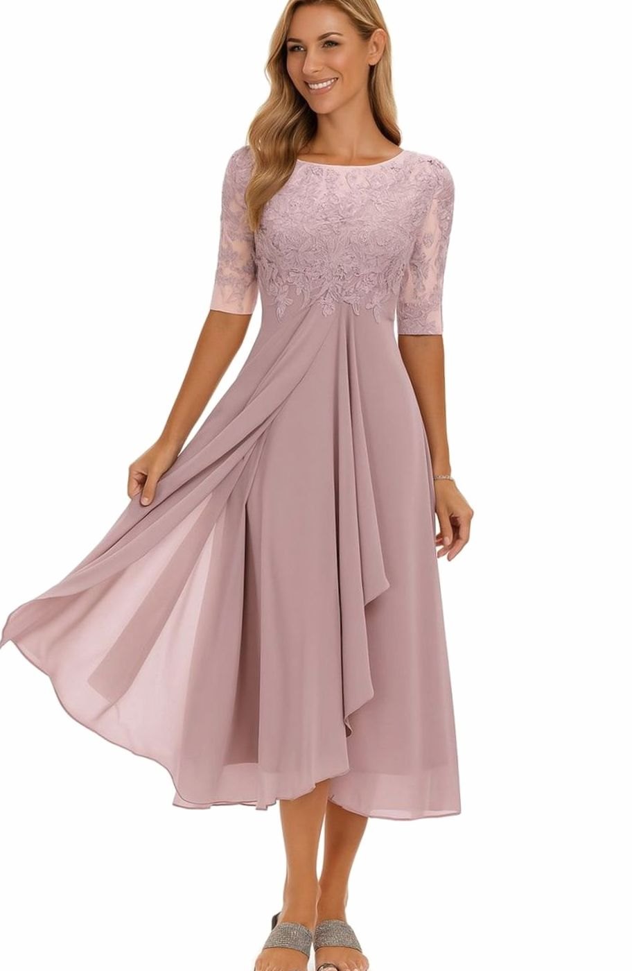 Women's Lace Bodice Chiffon A-Line Midi Occasion Dress, Champagne
