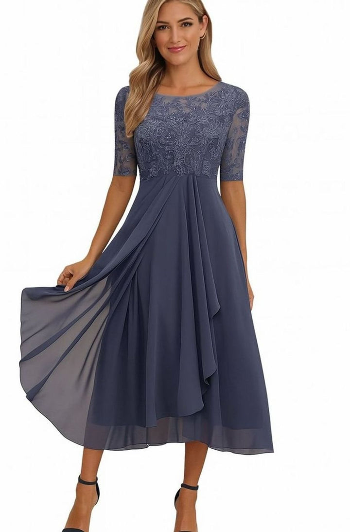 Women's Lace Bodice Chiffon A-Line Midi Occasion Dress, Champagne