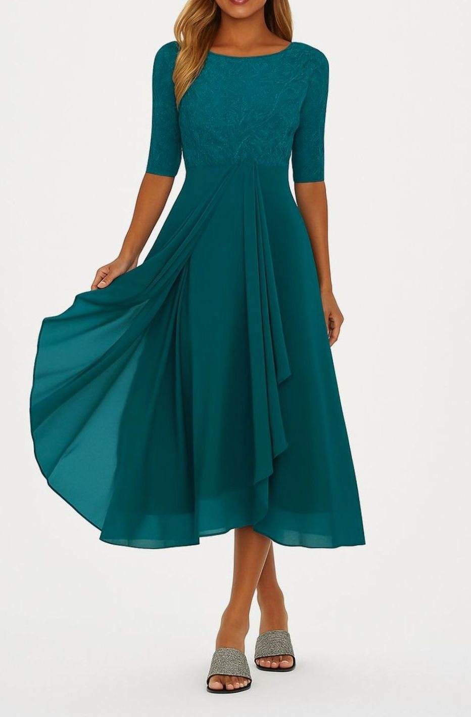 Women's Lace Bodice Chiffon A-Line Midi Occasion Dress, Champagne