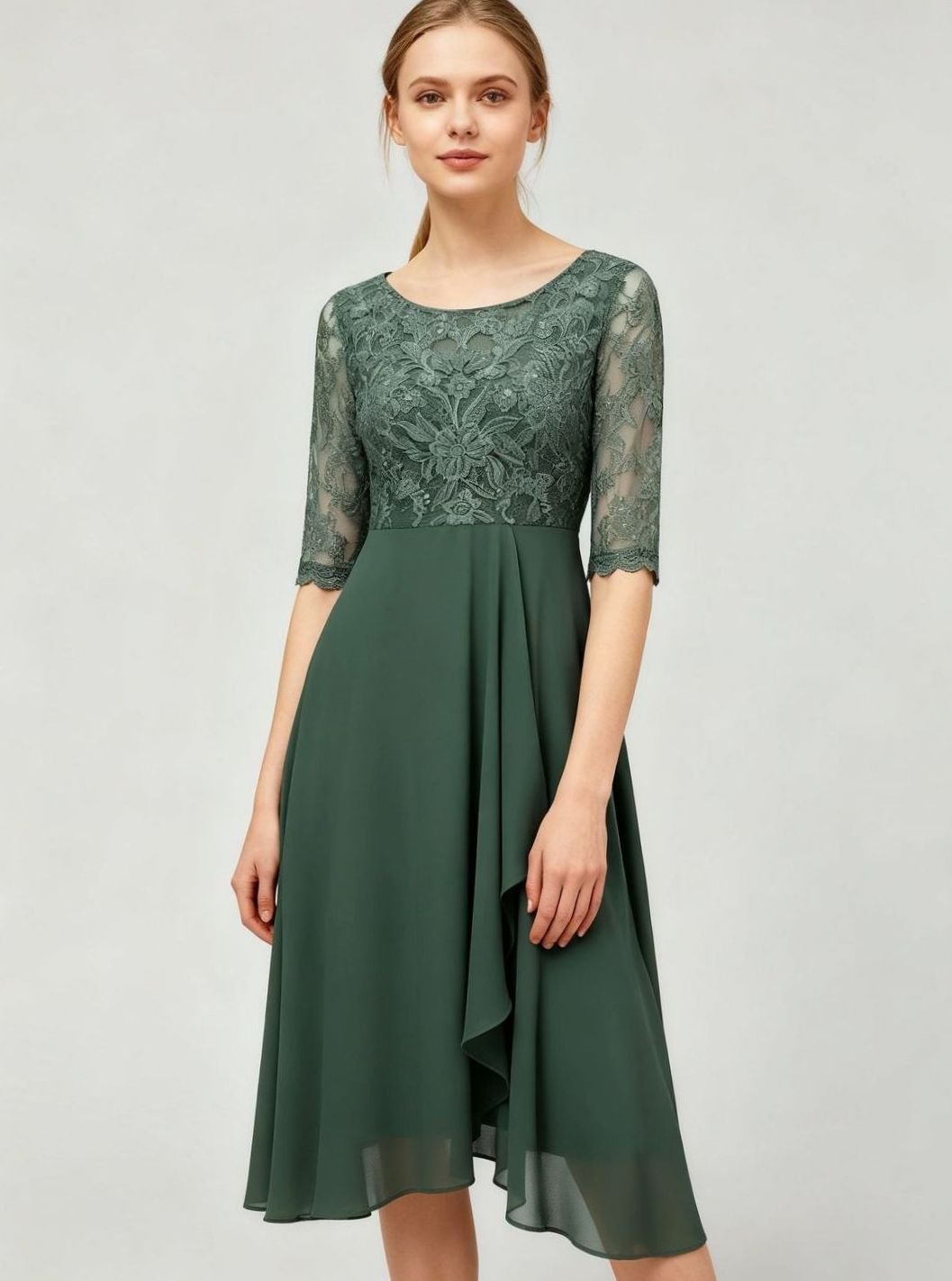 Women's Lace Bodice Chiffon Midi Dress Half Sleeve Regular Fit