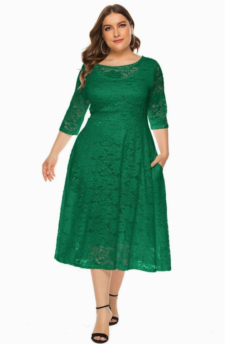Women's Lace Bodice Chiffon Midi Dress Half Sleeve Regular Fit