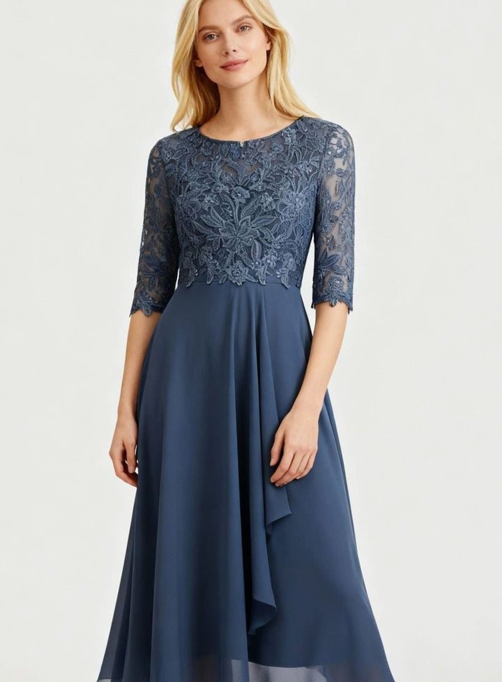 Women's Lace Bodice Chiffon Midi Dress Half Sleeve Regular Fit