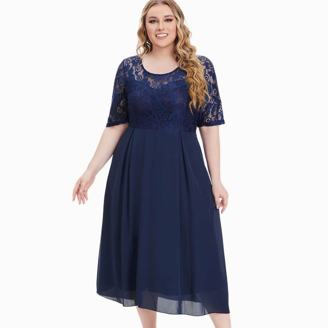 Women's Lace Bodice Chiffon Midi Dress Half Sleeve Regular Fit - Blue