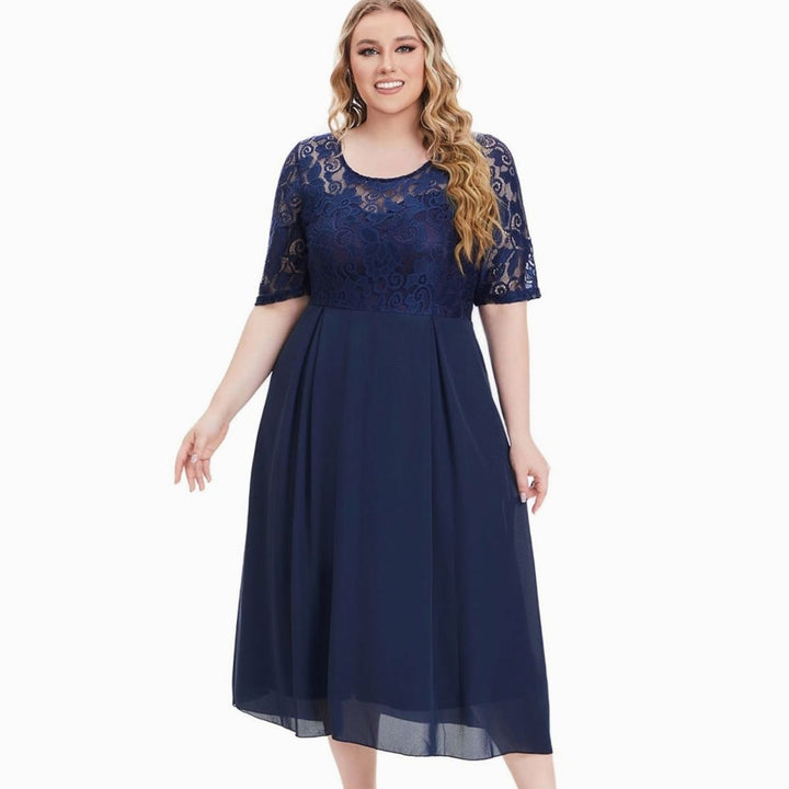 Women's Lace Bodice Chiffon Midi Dress Half Sleeve Regular Fit - Blue
