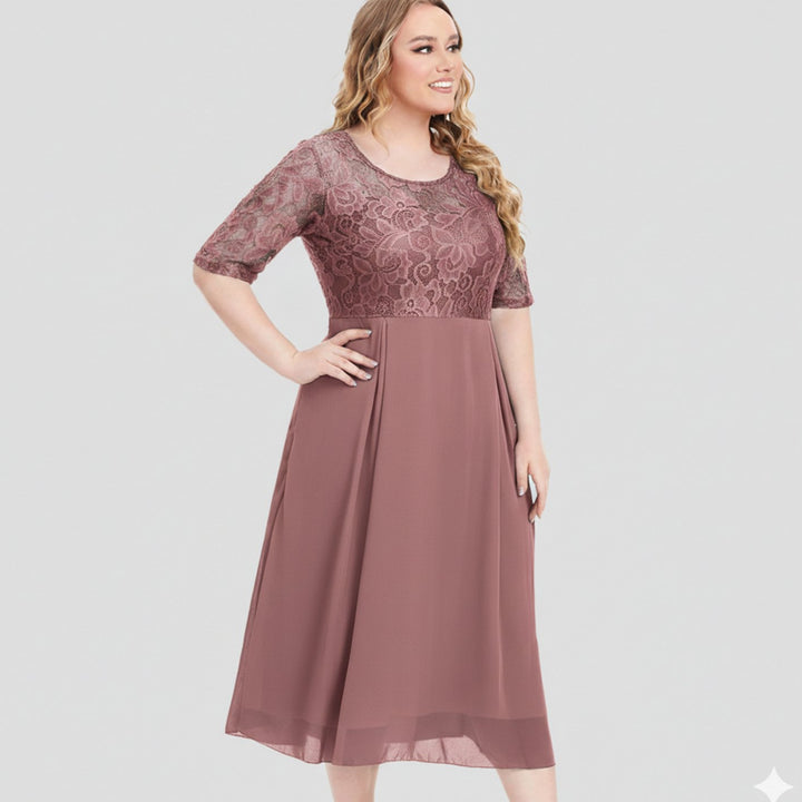 Women's Lace Bodice Chiffon Midi Dress Half Sleeve Regular Fit - Pink