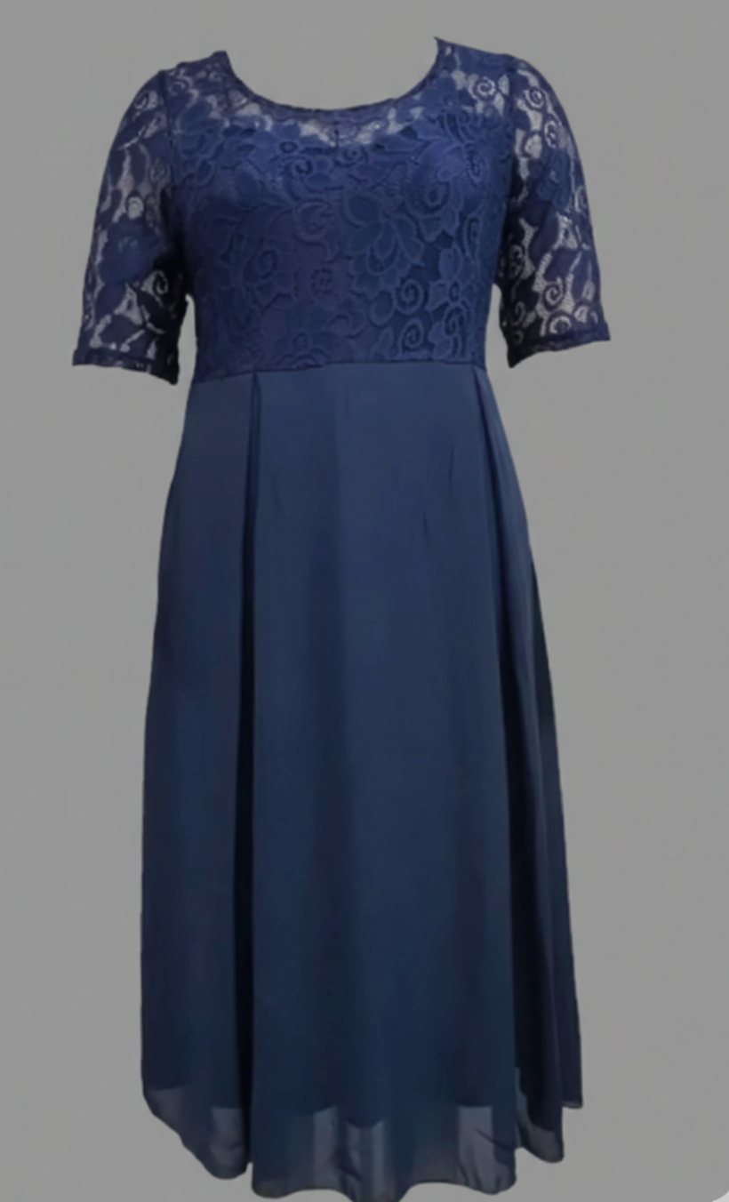 Women's Lace Bodice Chiffon Midi Dress Half Sleeve Regular Fit