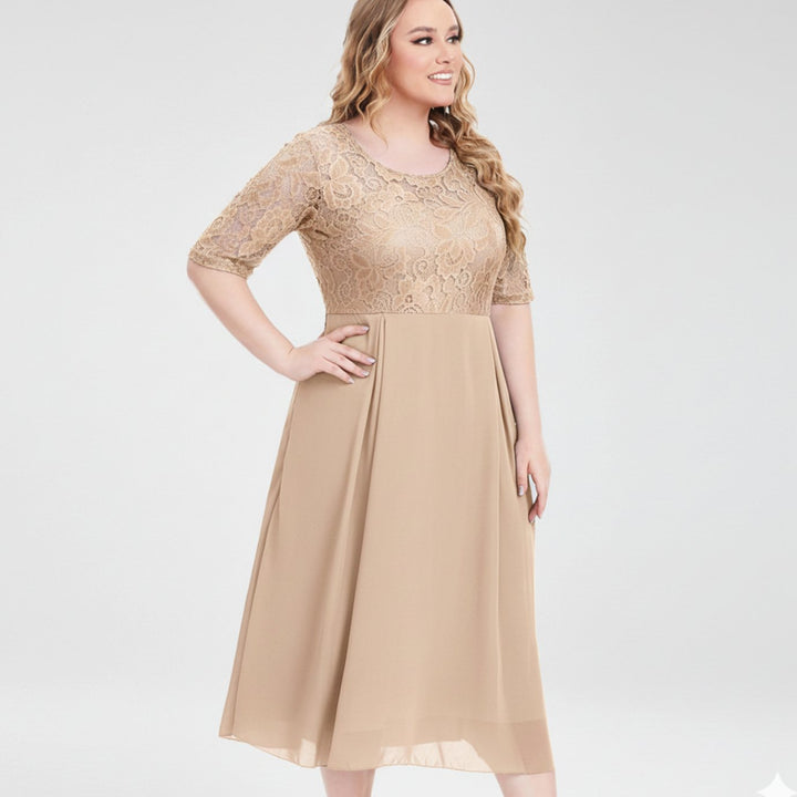 Women's Lace Bodice Chiffon Midi Dress Half Sleeve Regular Fit - Beige