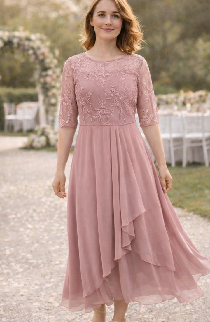 Women's Lace Bodice Chiffon Midi Wedding Guest Dress - Pink