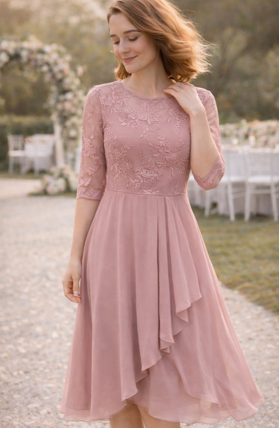 Women's Lace Bodice Chiffon Midi Wedding Guest Dress