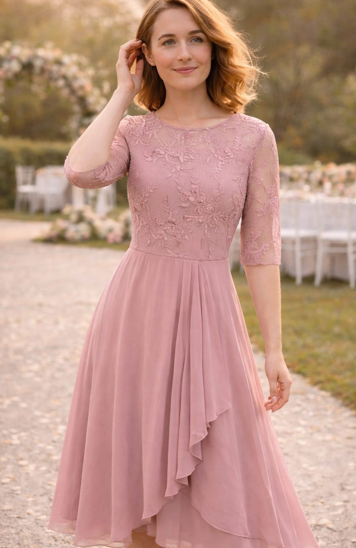 Women's Lace Bodice Chiffon Midi Wedding Guest Dress
