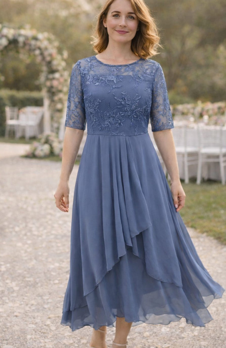Women's Lace Bodice Chiffon Midi Wedding Guest Dress - Blue