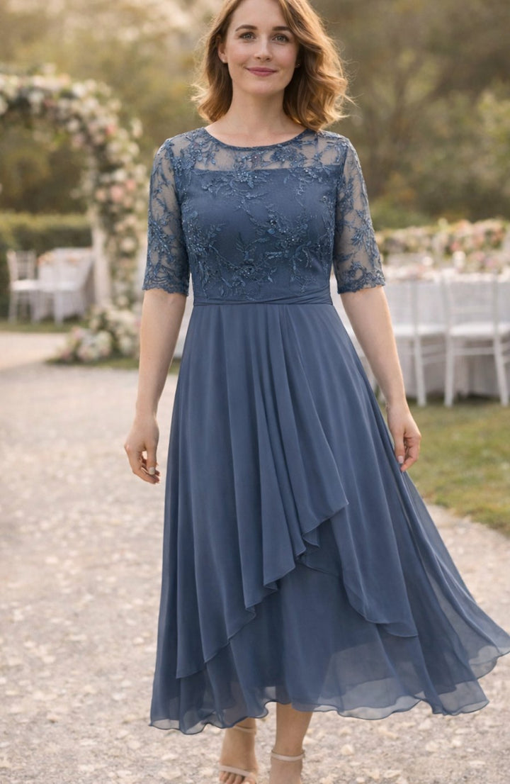Women's Lace Bodice Chiffon Midi Wedding Guest Dress - Grey