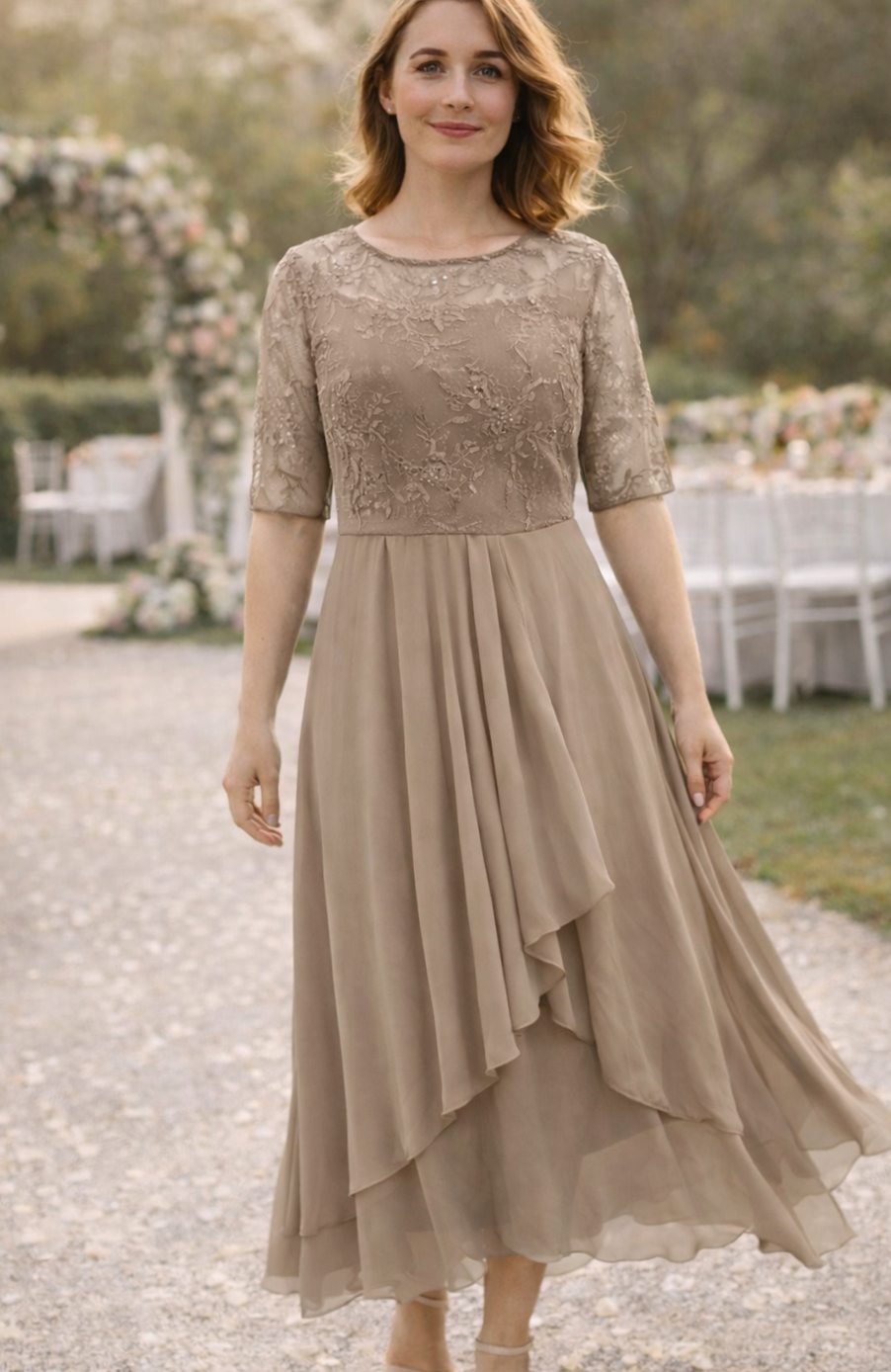 Women's Lace Bodice Chiffon Midi Wedding Guest Dress - Beige