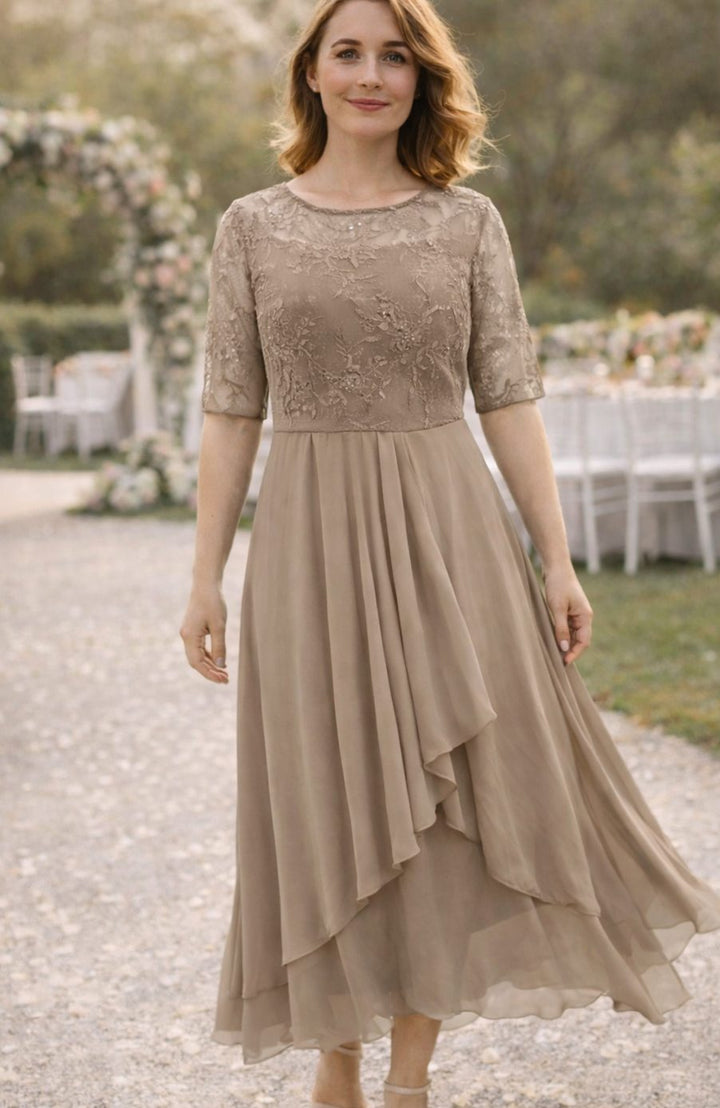 Women's Lace Bodice Chiffon Midi Wedding Guest Dress - Beige