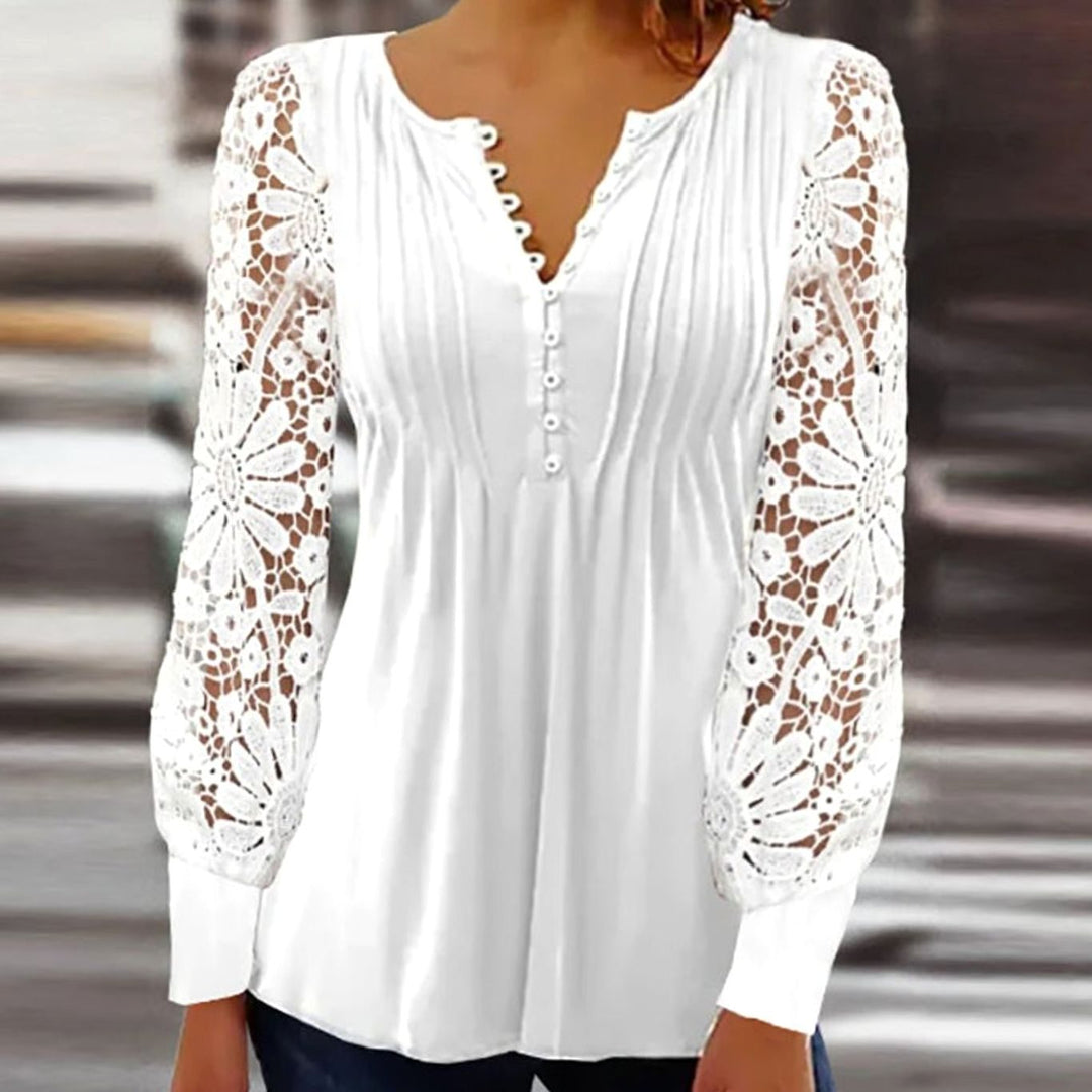 Women's Lace-Sleeve V-Neck Button Pleated Blouse - White