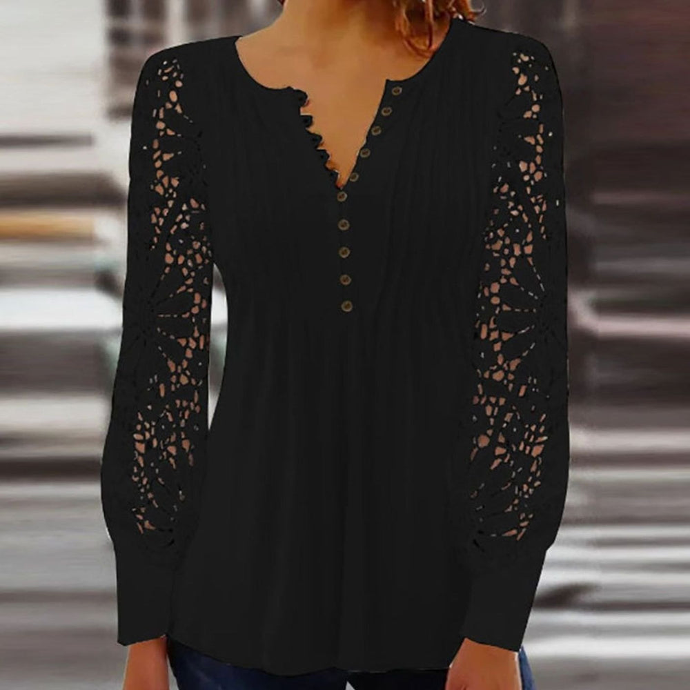 Women's Lace-Sleeve V-Neck Button Pleated Blouse - Black