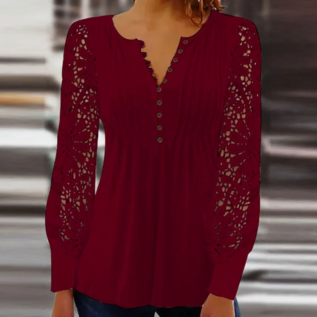 Women's Lace-Sleeve V-Neck Button Pleated Blouse - Red
