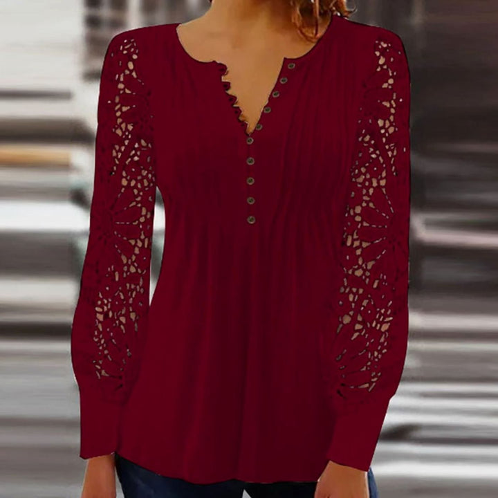 Women's Lace-Sleeve V-Neck Button Pleated Blouse - Red