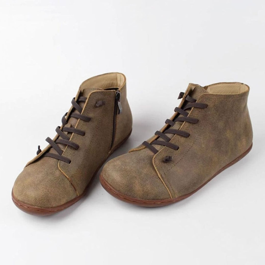 Women's Lace-Up Ankle Boots Side-Zip Cushioned Flat Booties - Grey