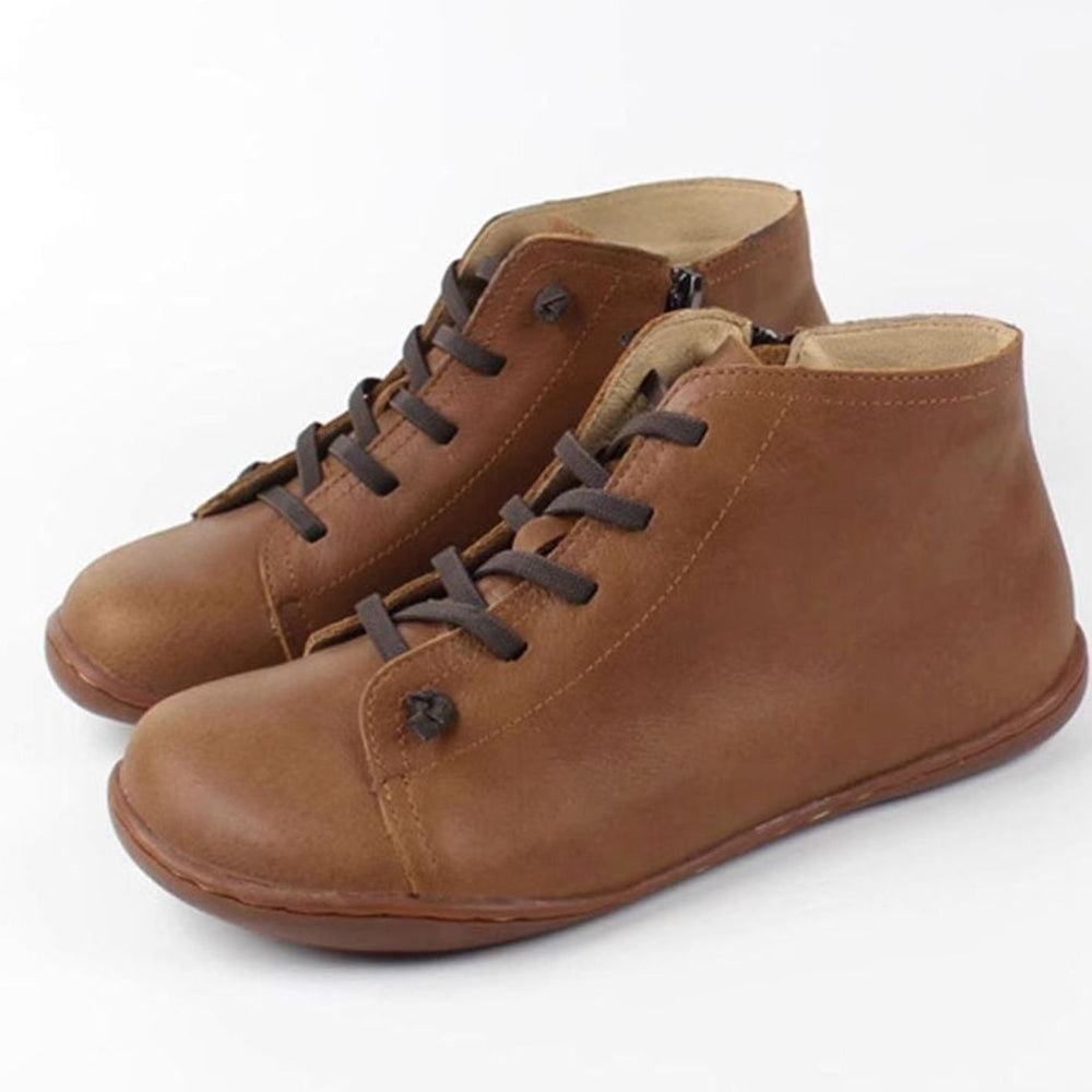 Women's Lace-Up Ankle Boots Side-Zip Cushioned Flat Booties - Brown