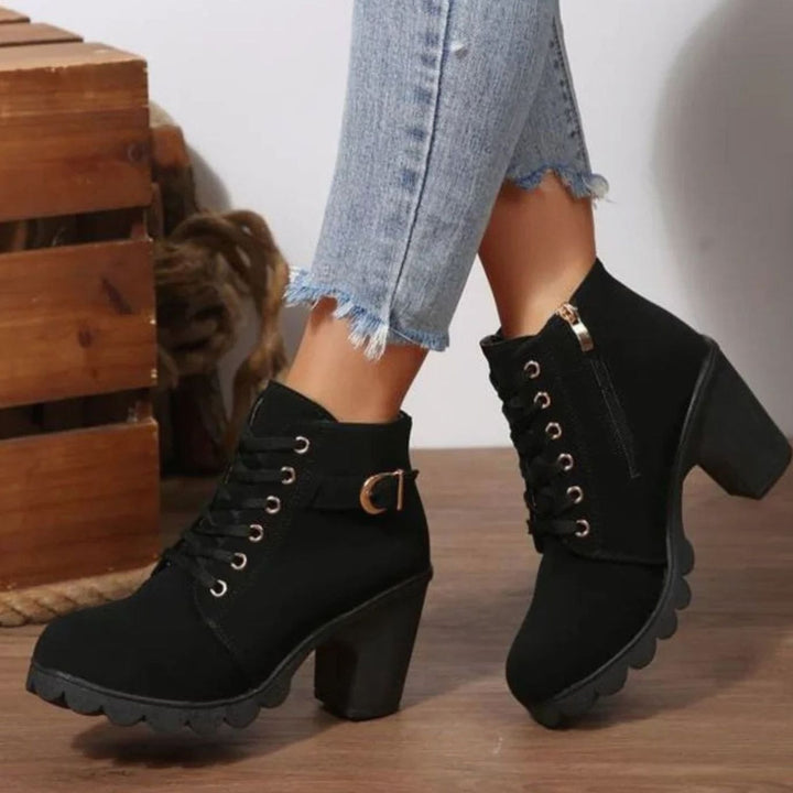 Women's Lace-Up Block Heel Ankle Boots Buckle Side Zip - Black