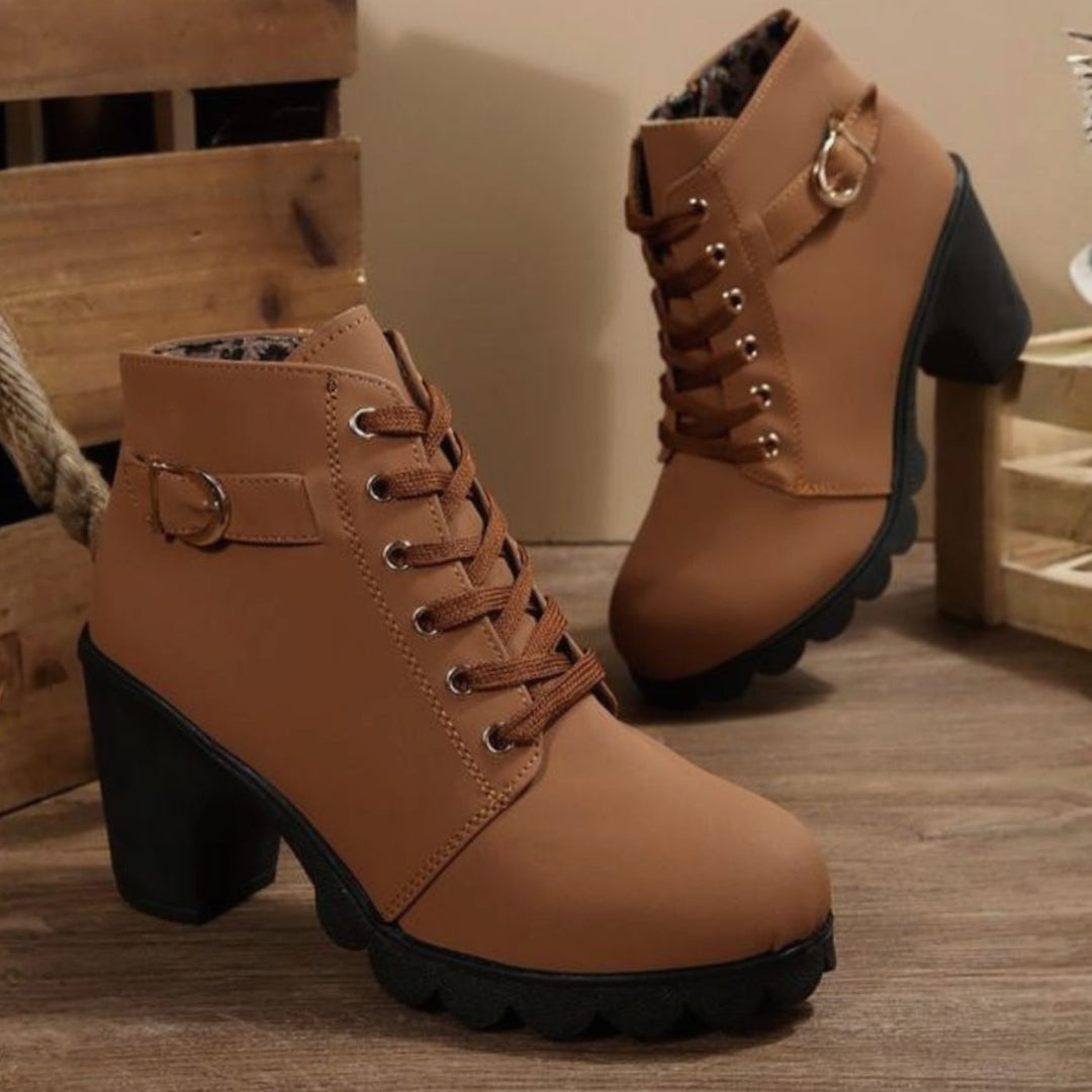 Women's Lace-Up Block Heel Ankle Boots Buckle Side Zip - Brown