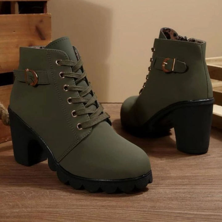 Women's Lace-Up Block Heel Ankle Boots Buckle Side Zip - Army Green