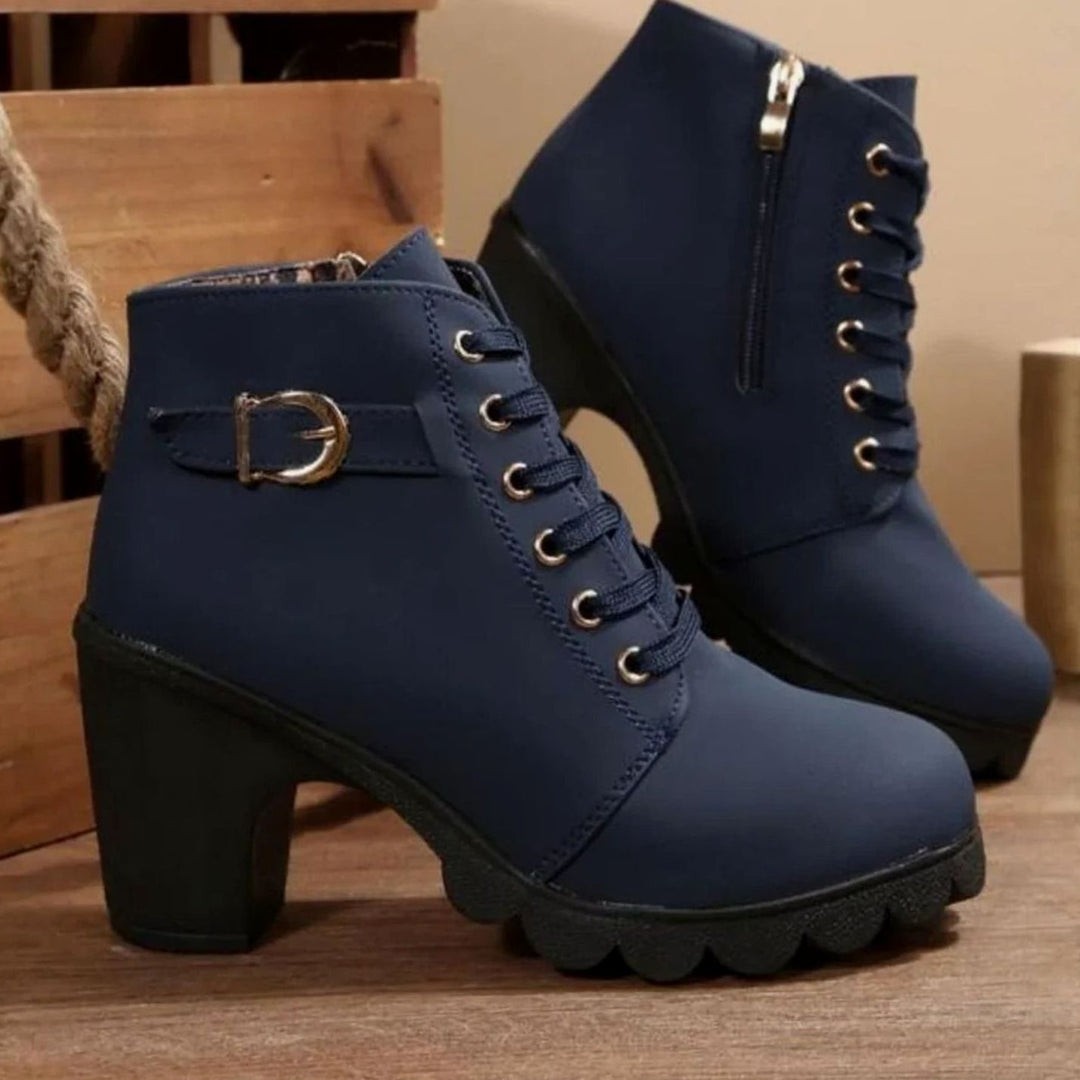 Women's Lace-Up Block Heel Ankle Boots Buckle Side Zip - Blue