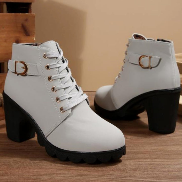Women's Lace-Up Block Heel Ankle Boots Buckle Side Zip - White