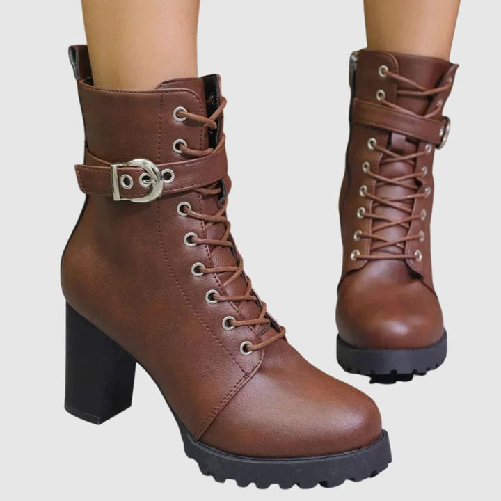 Women's Lace-Up Block Heel Combat Ankle Boots Buckle Strap - Brown
