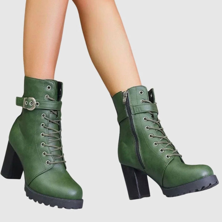 Women's Lace-Up Block Heel Combat Ankle Boots Buckle Strap