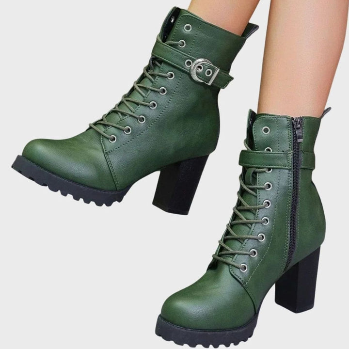 Women's Lace-Up Block Heel Combat Ankle Boots Buckle Strap - Green