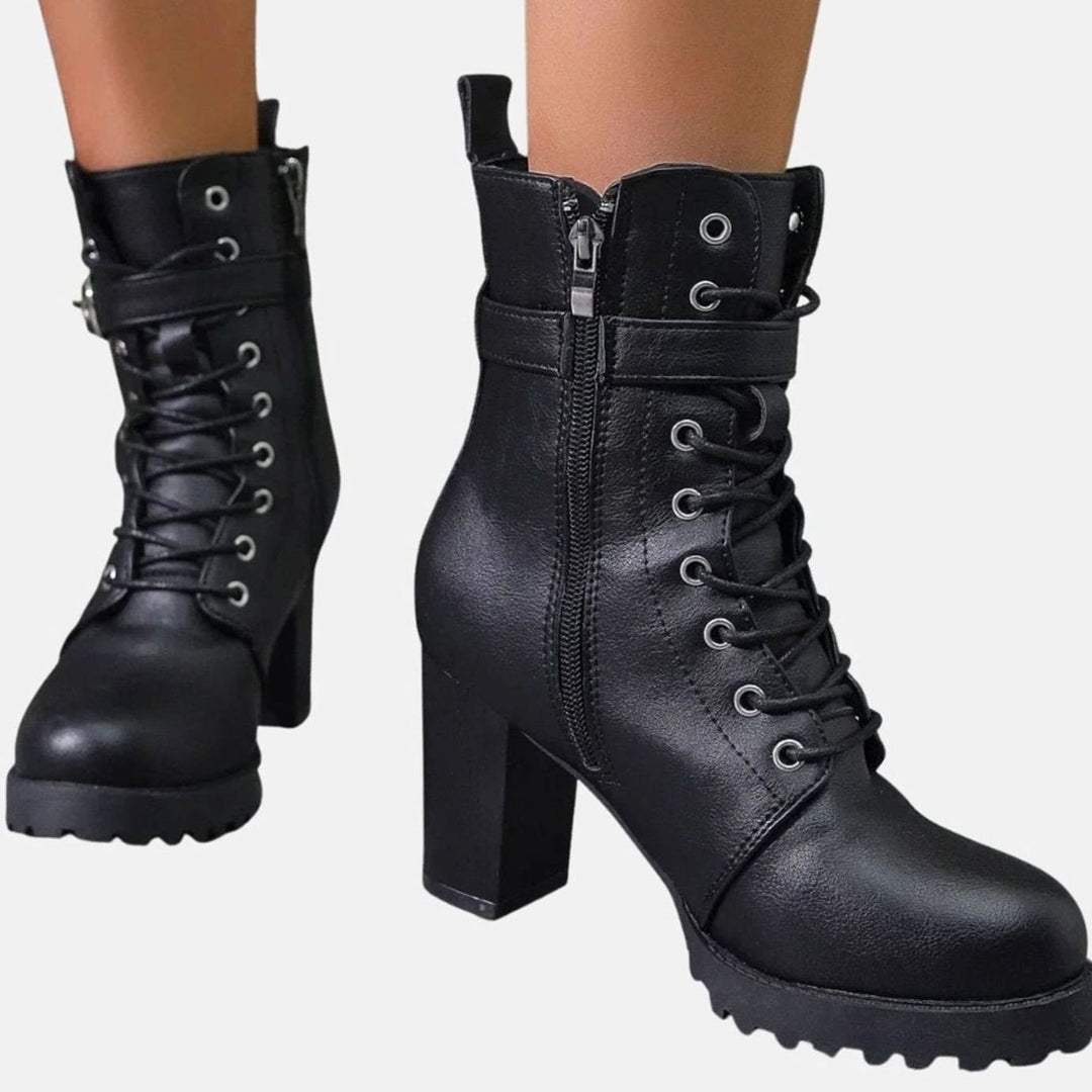 Women's Lace-Up Block Heel Combat Ankle Boots Buckle Strap - Black