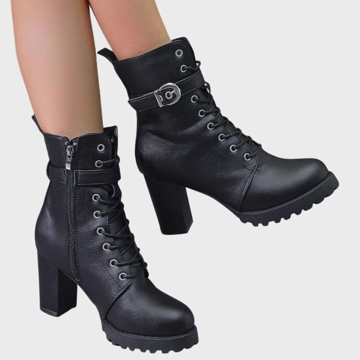 Women's Lace-Up Block Heel Combat Ankle Boots Buckle Strap