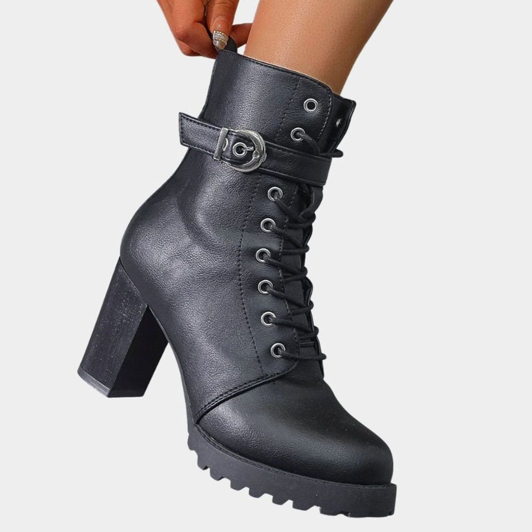 Women's Lace-Up Block Heel Combat Ankle Boots Buckle Strap