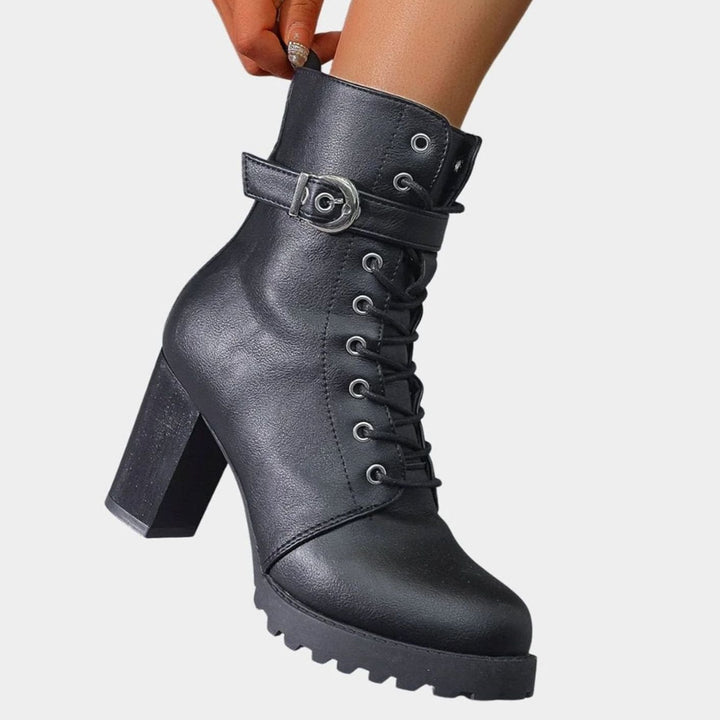 Women's Lace-Up Block Heel Combat Ankle Boots Buckle Strap