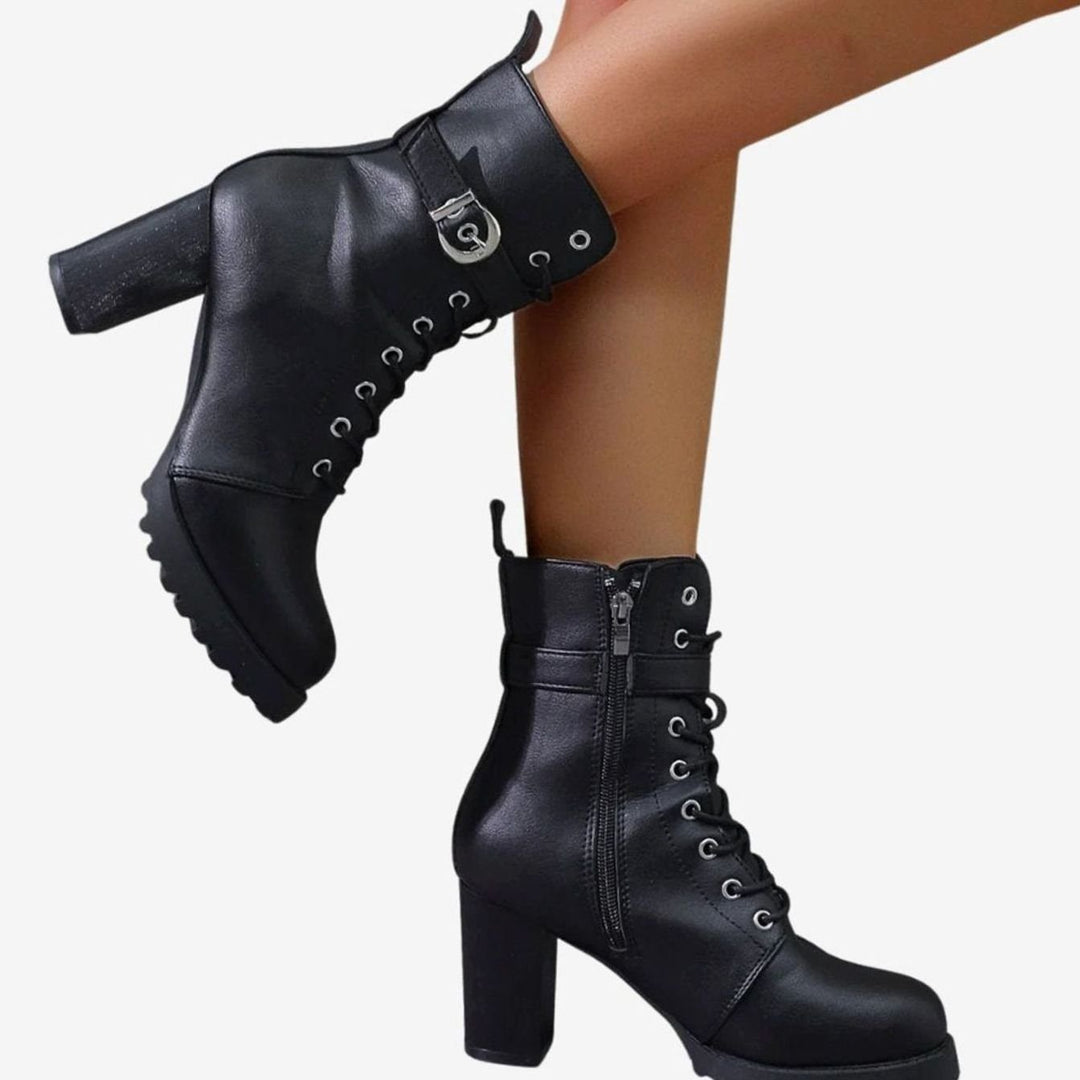 Women's Lace-Up Block Heel Combat Ankle Boots Buckle Strap