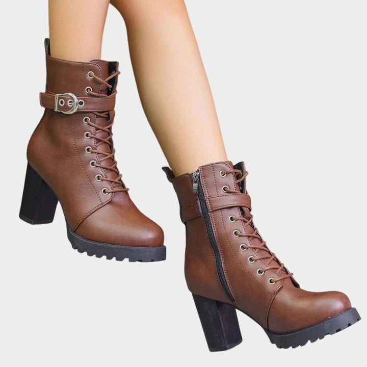 Women's Lace-Up Block Heel Combat Ankle Boots Buckle Strap