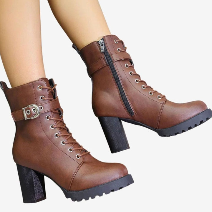 Women's Lace-Up Block Heel Combat Ankle Boots Buckle Strap