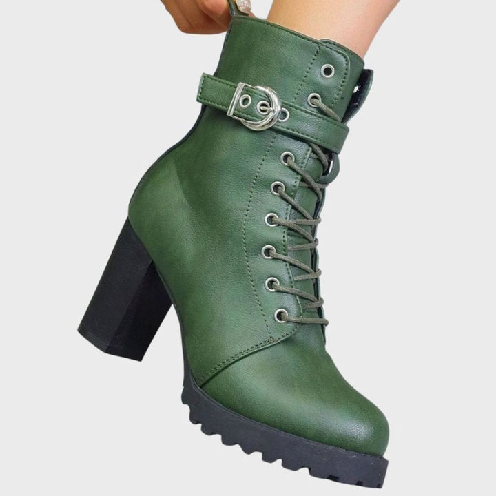 Women's Lace-Up Block Heel Combat Ankle Boots Buckle Strap