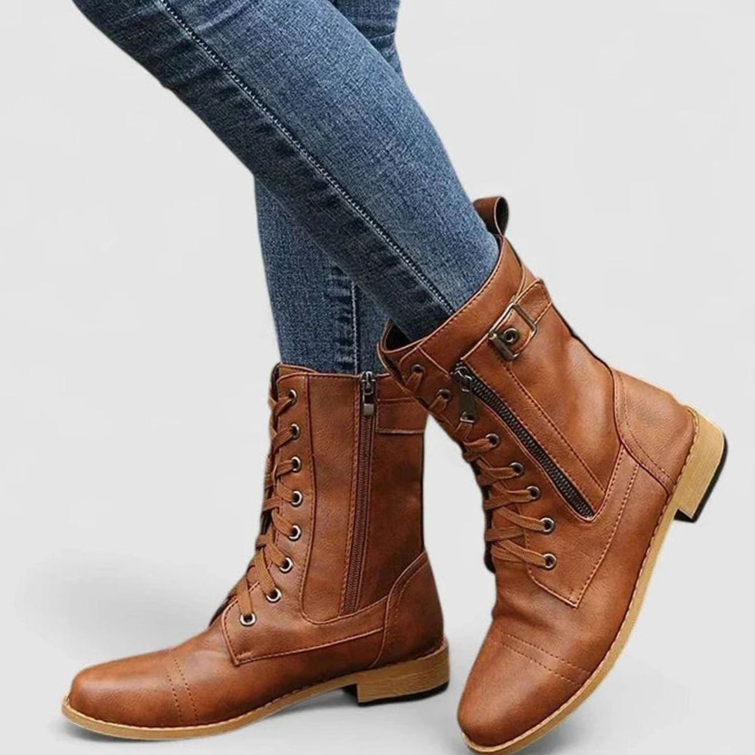 Women's Lace-Up Side-Zip Supportive Combat Ankle Boots - Light Brown