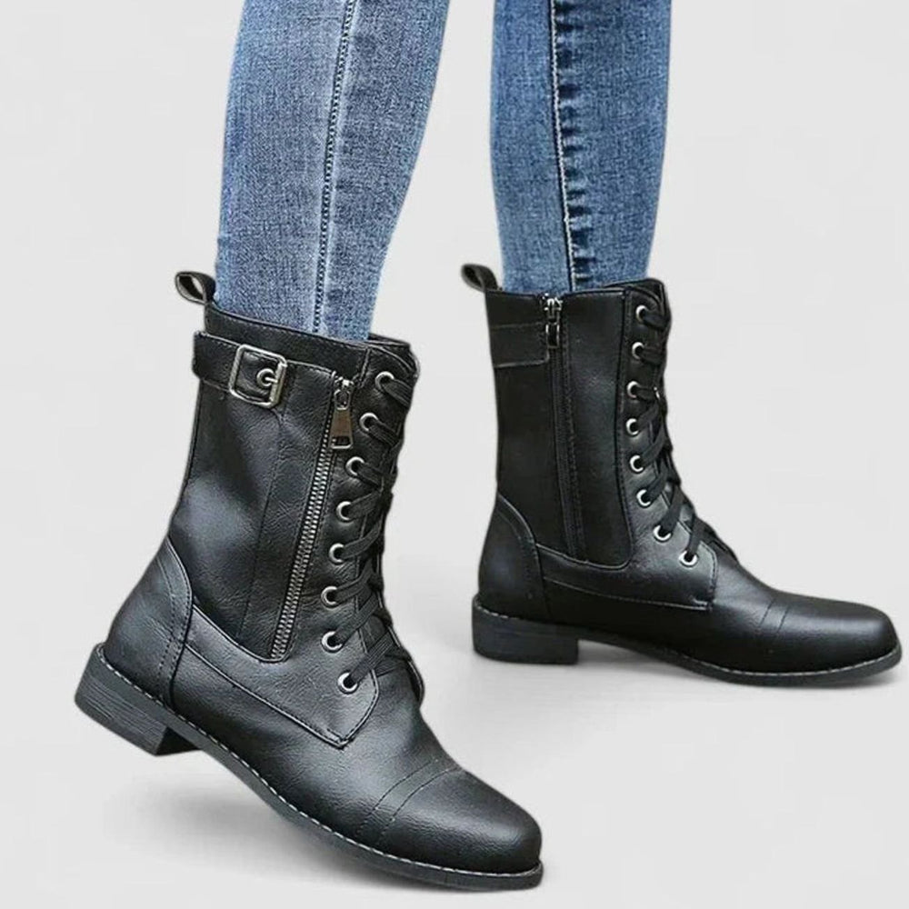 Women's Lace-Up Side-Zip Supportive Combat Ankle Boots - Black