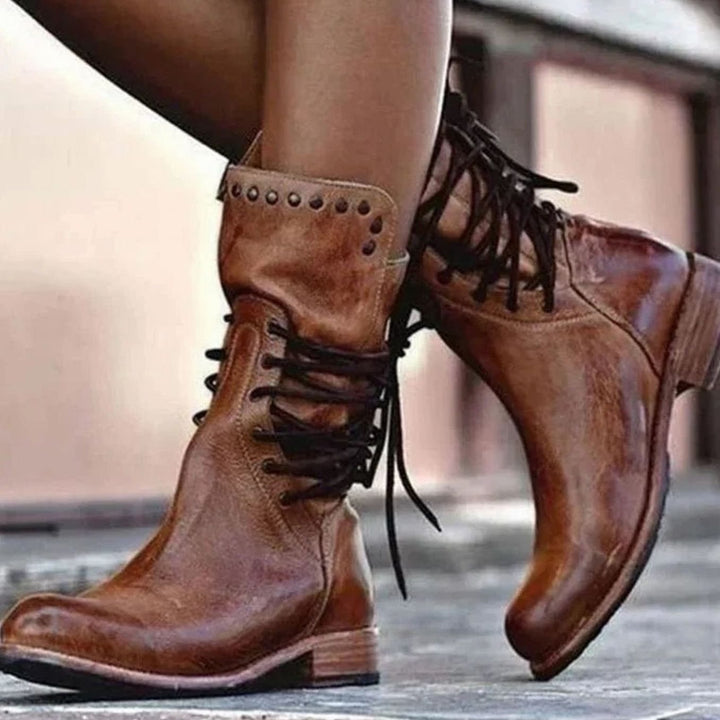 Women's Lace-Up Western Ankle Boots Block Heel Studded - Brown