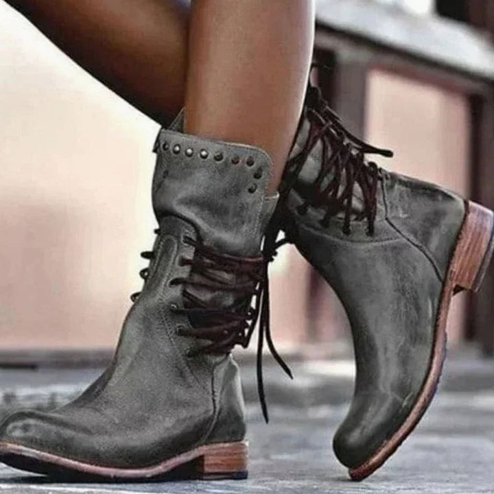 Women's Lace-Up Western Ankle Boots Block Heel Studded - Grey