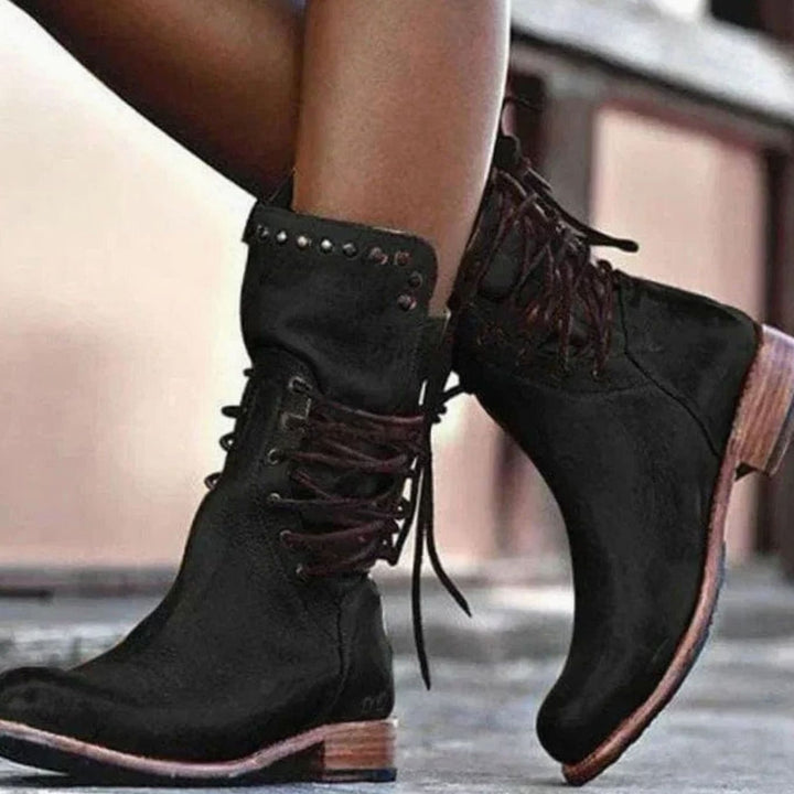 Women's Lace-Up Western Ankle Boots Block Heel Studded - Black