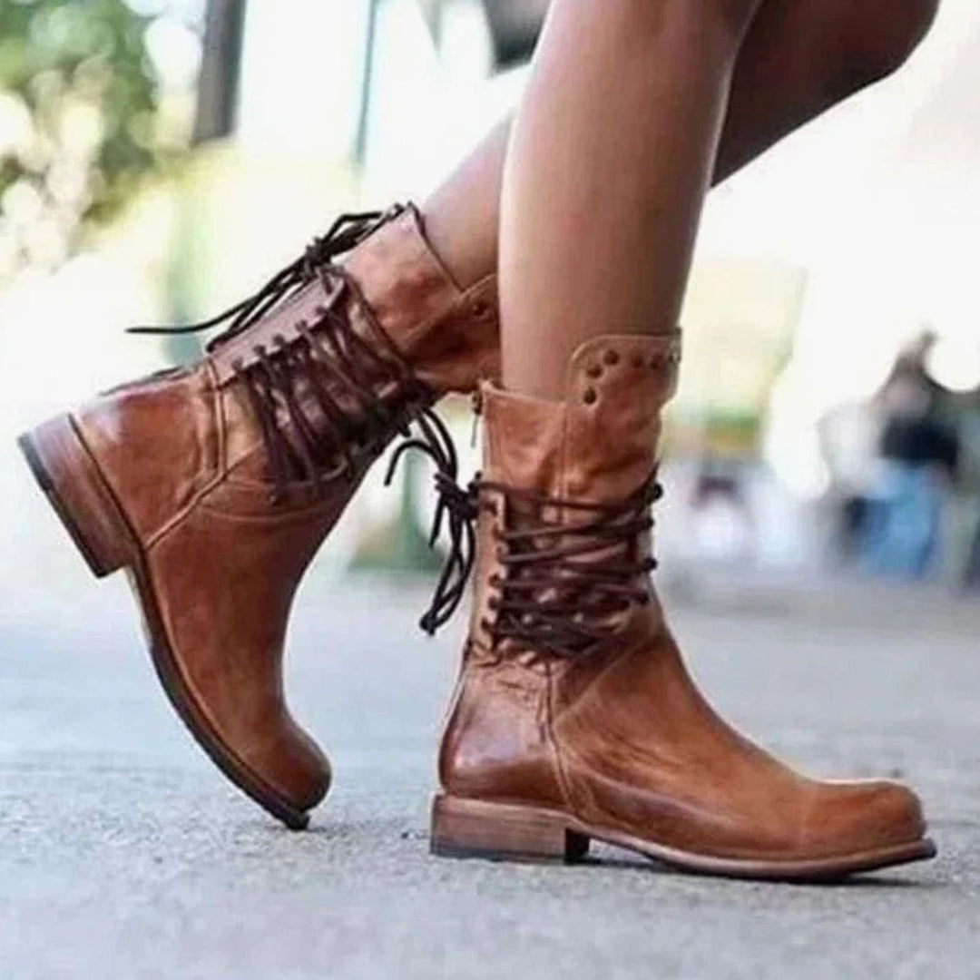 Women's Lace-Up Western Ankle Boots Block Heel Studded