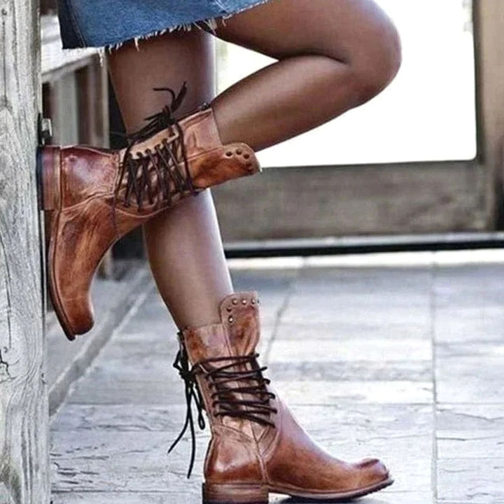 Women's Lace-Up Western Ankle Boots Block Heel Studded