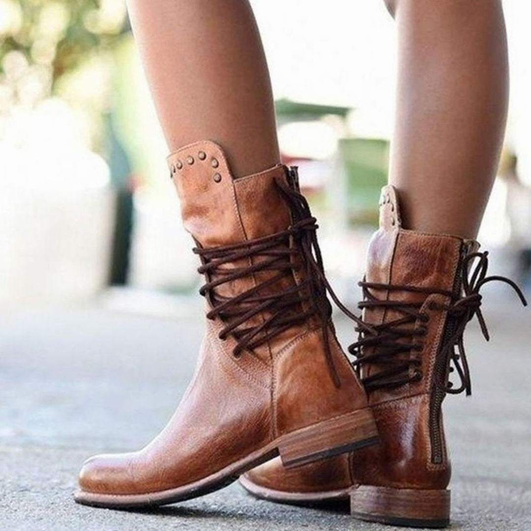 Women's Lace-Up Western Ankle Boots Block Heel Studded