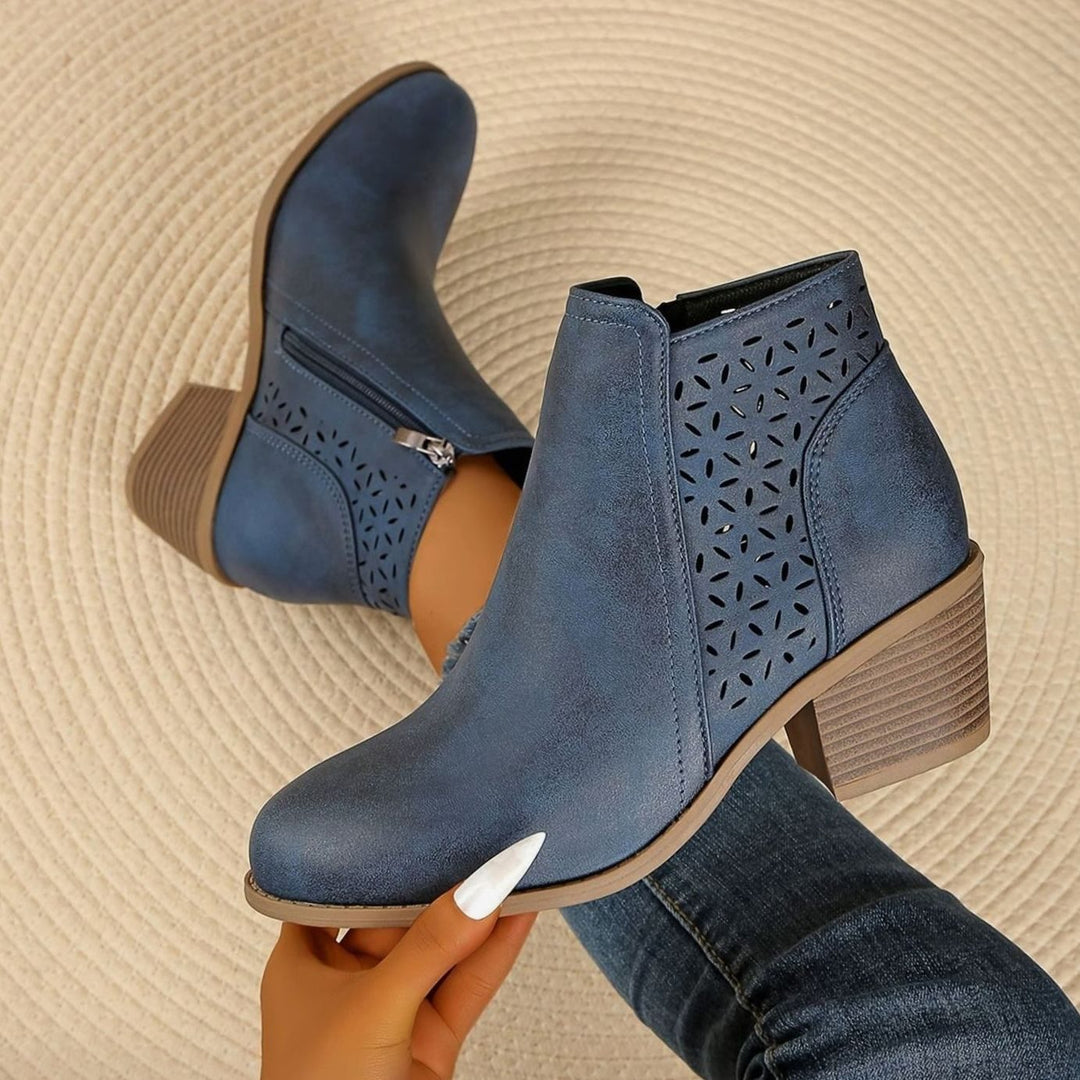 Women's Laser-Cut Breathable Orthopedic Block-Heel Ankle Boots - Blue